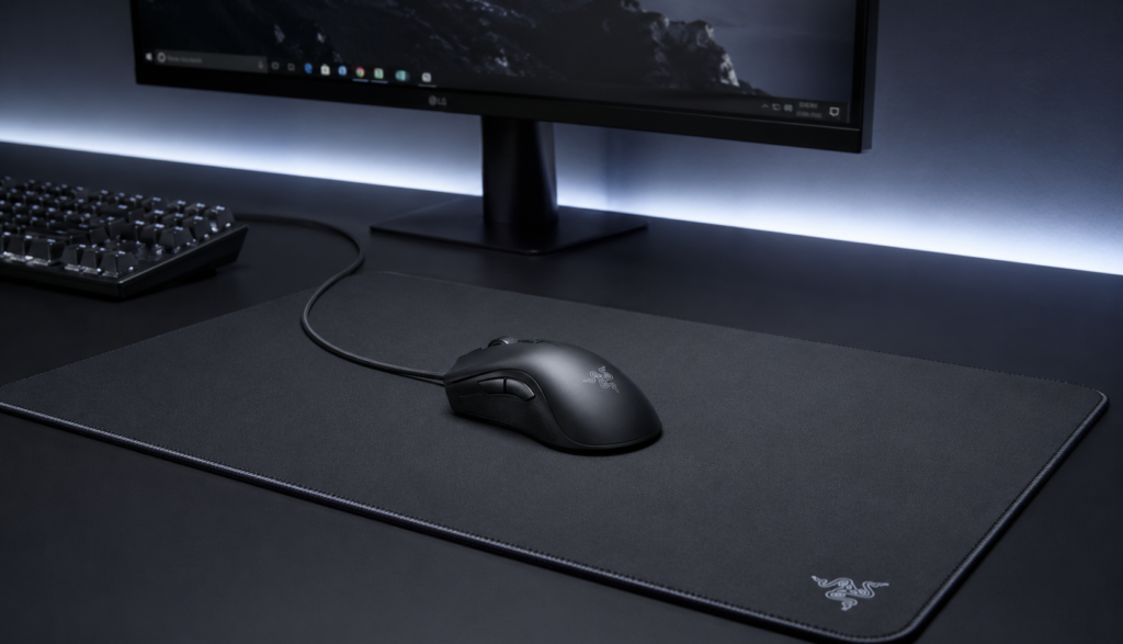 Gaming mouse on black mousepad at a clean minimal desk setup