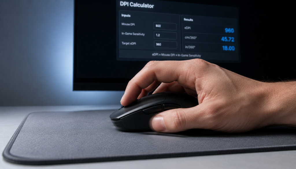 Hand dragging gaming mouse across mousepad while using DPI calculator