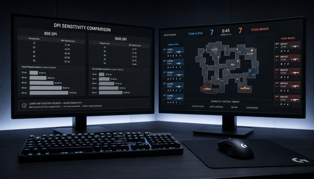 Dual monitor setup displaying DPI sensitivity comparison chart for pro gamers