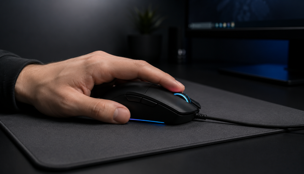 Hand hovering over gaming mouse ready to test reaction time