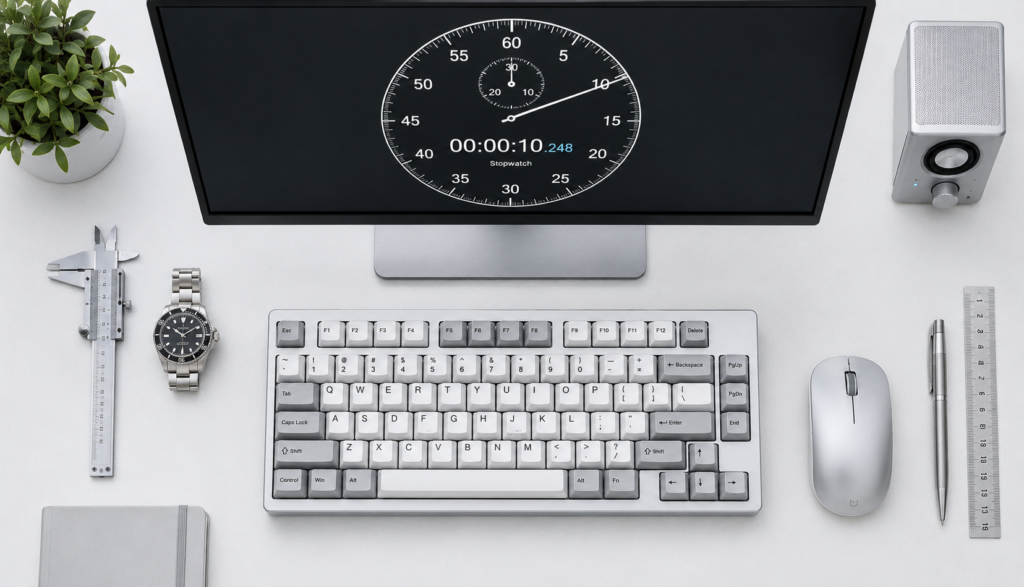Top down view of keyboard and monitor showing millisecond timer display