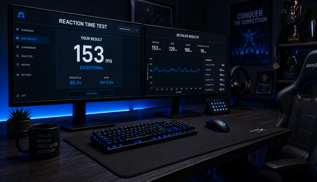 Dual monitor gaming setup displaying reaction time score results screen