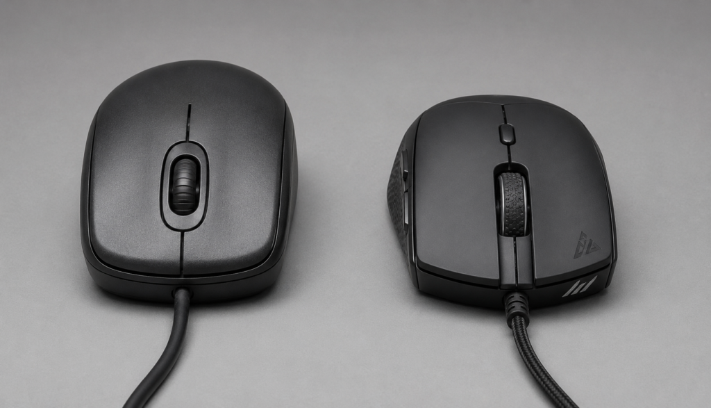 Side by side comparison of standard office mouse and gaming mouse on grey surface