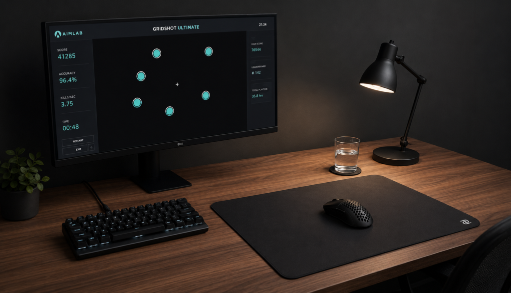 Monitor displaying aim training software on clean minimal gaming desk setup