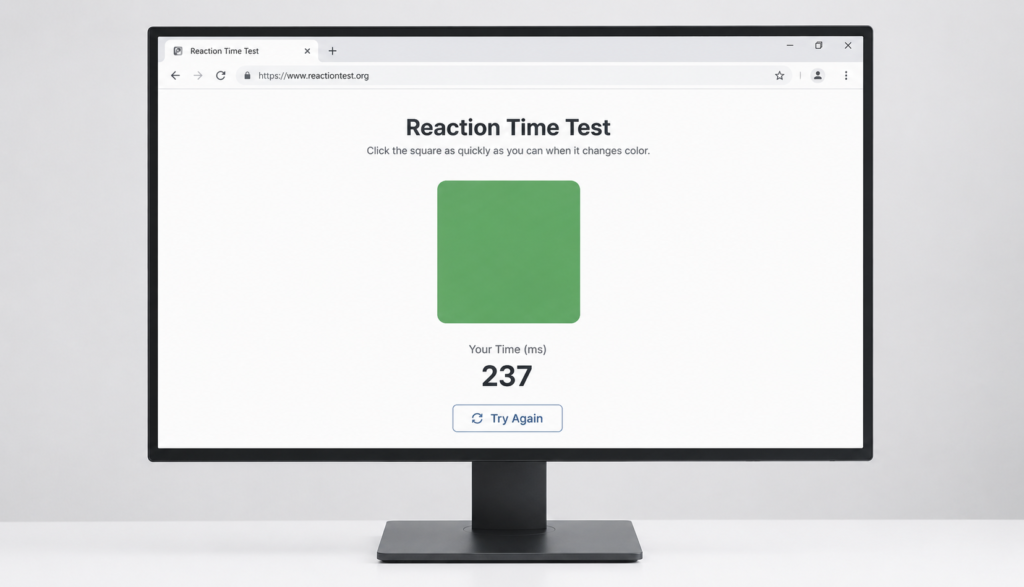Browser based reaction time test displayed on desktop monitor screen