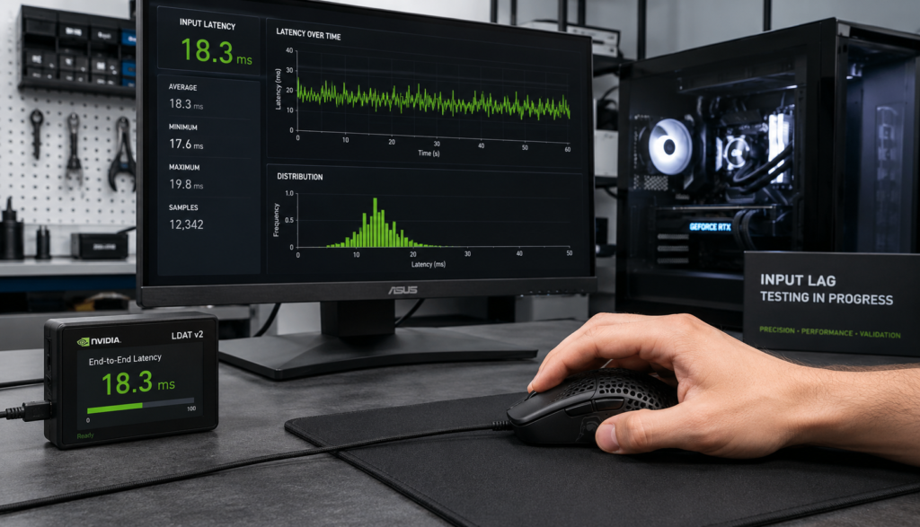 Close-up gaming mouse input latency performance testing setup