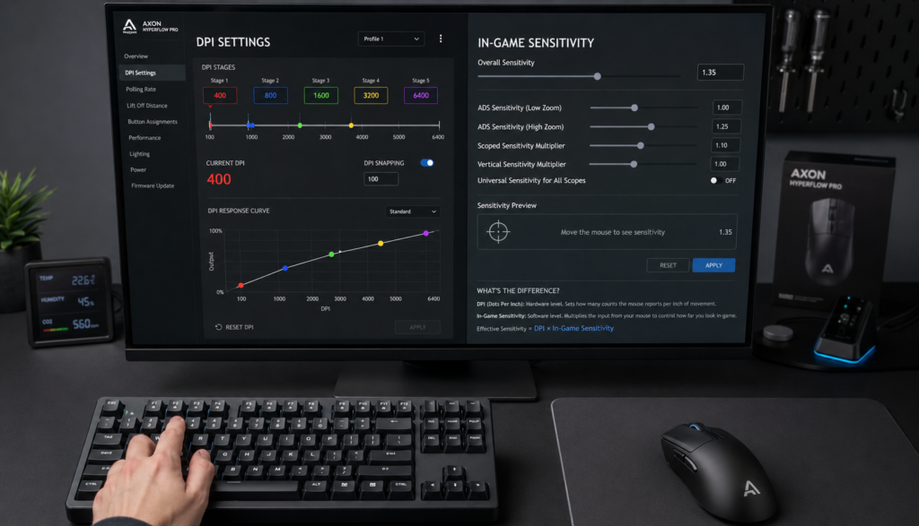 Side by side DPI and sensitivity settings comparison on computer screen