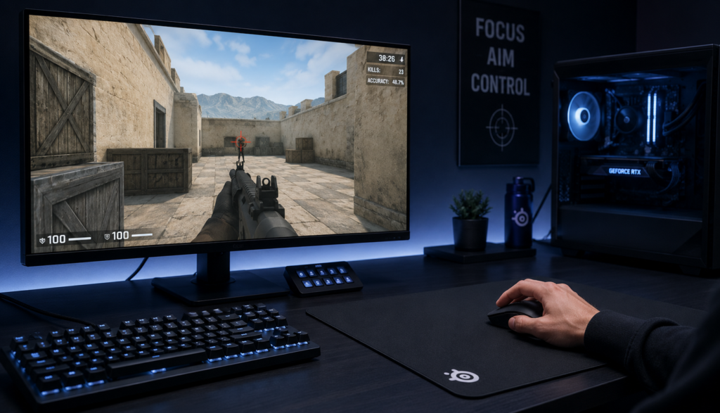 Competitive gaming setup showing precise low DPI mouse aiming control