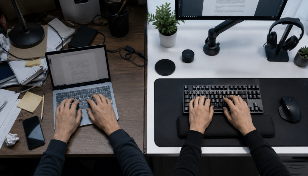 Laptop keyboard compared with external mechanical typing keyboard setup