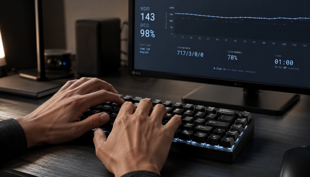 Fast typing session on compact mechanical keyboard with typing software