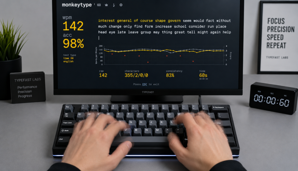 Competitive typing setup with mechanical keyboard and speed test screen