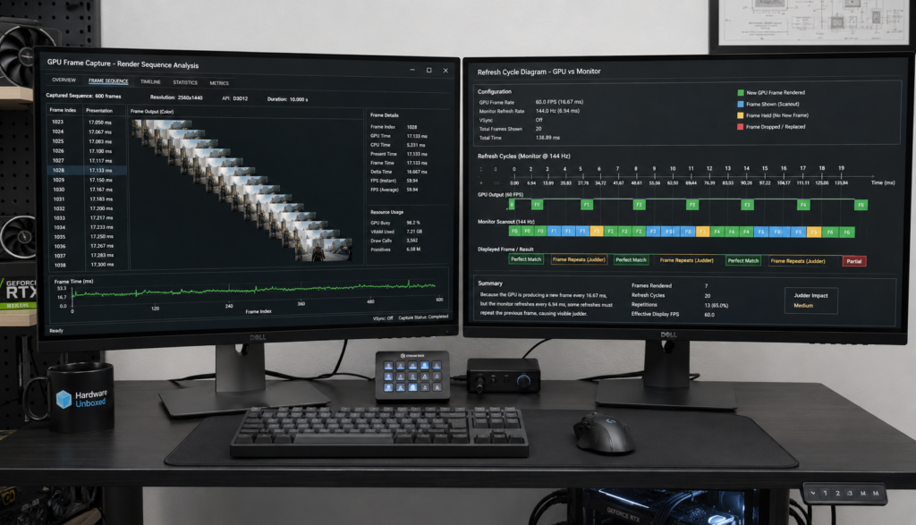 Dual monitors showing GPU and display refresh mismatch diagram
