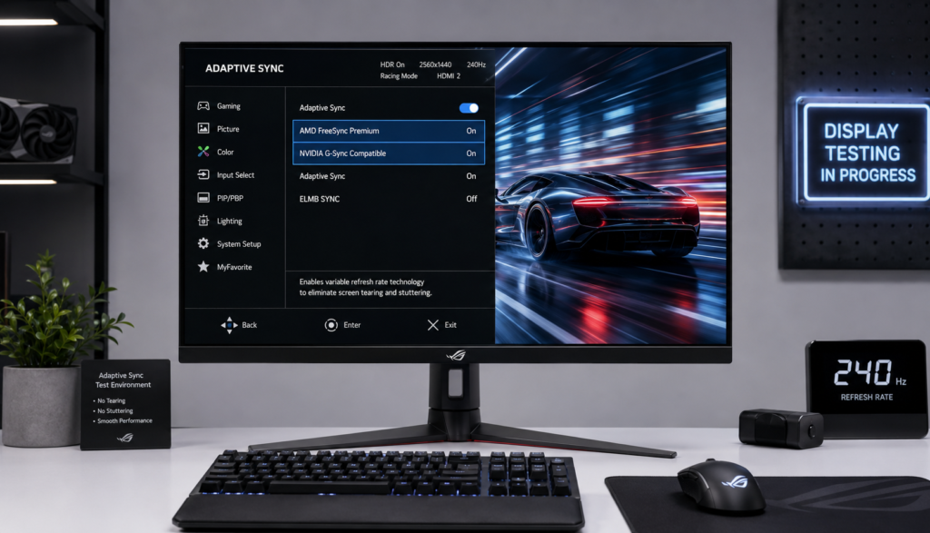 Monitor settings showing FreeSync G-Sync adaptive sync enabled