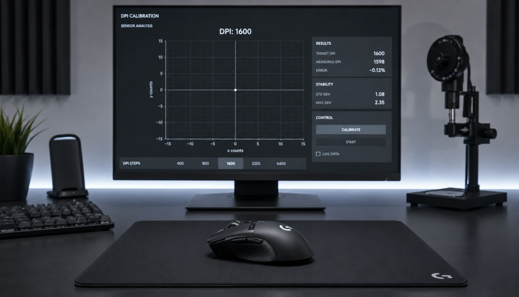 Mouse on desk with DPI testing setup and monitor grid