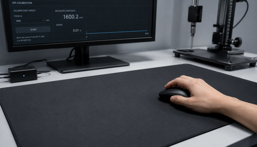 Hand moving mouse across desk during DPI calibration test