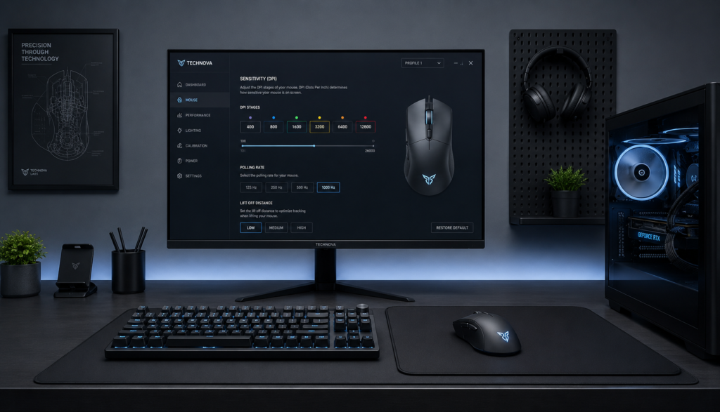 Minimal gaming desk setup showing optimized mouse DPI configuration
