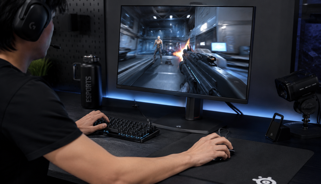 Competitive gamer rapidly clicking mouse during esports gameplay session