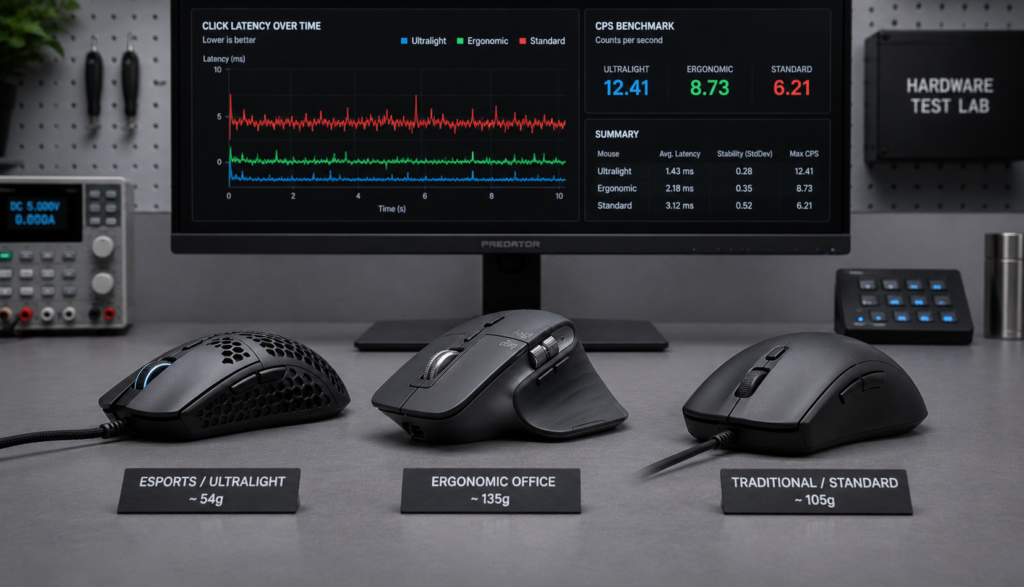 Different gaming mice arranged for click speed hardware comparison