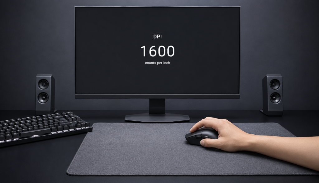 Hand on gaming mouse at desk with DPI test result shown on monitor