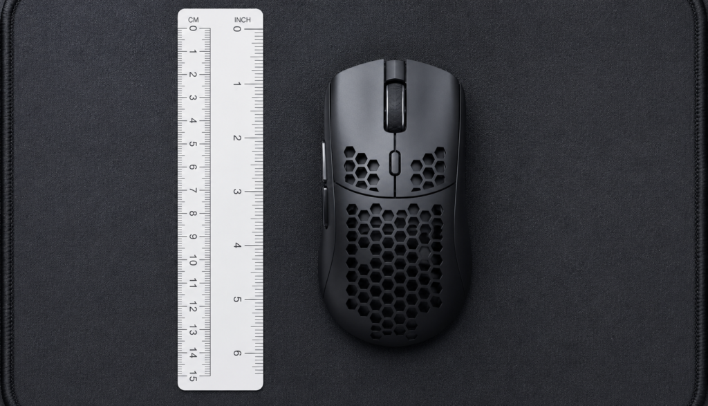 Top-down view of gaming mouse beside ruler measuring physical movement distance