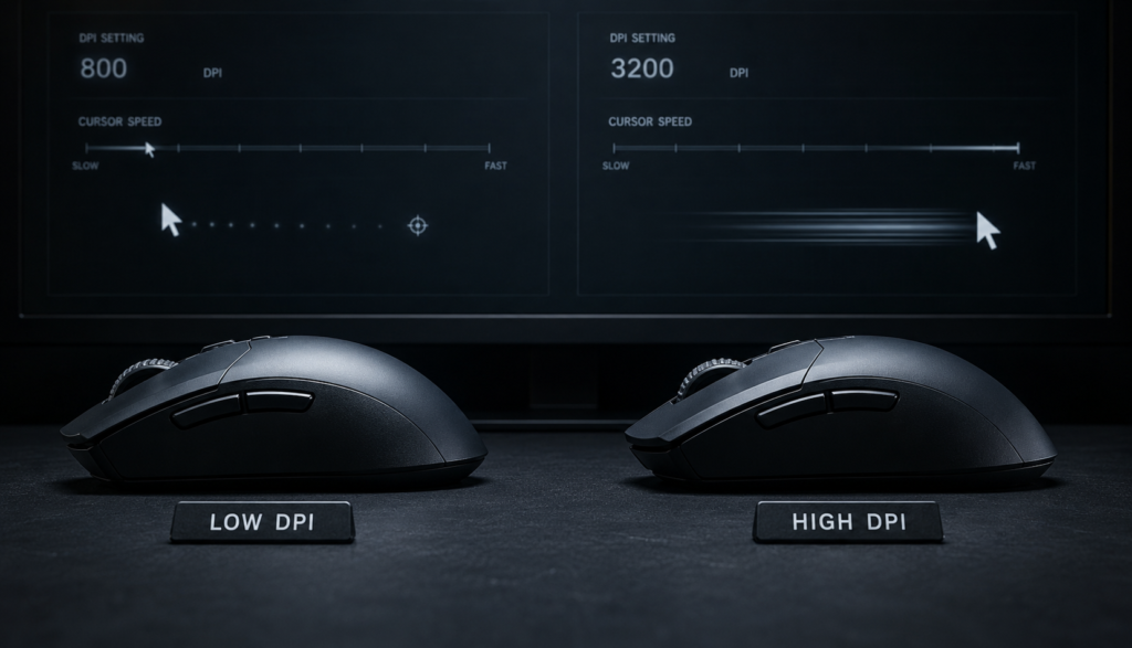 Side-by-side comparison of two gaming mice representing low and high DPI settings