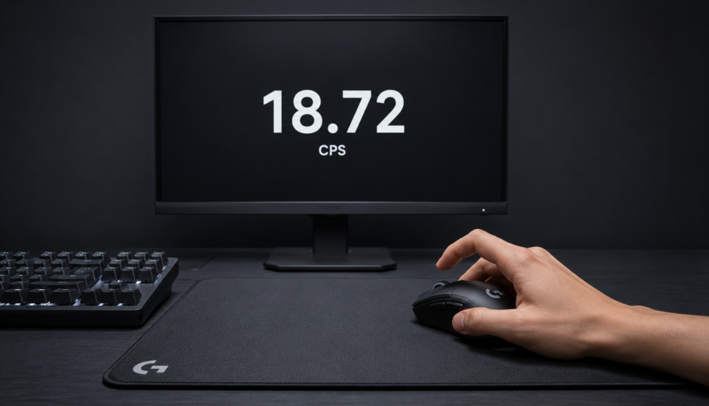 Hand rapidly clicking gaming mouse with CPS score displayed on monitor