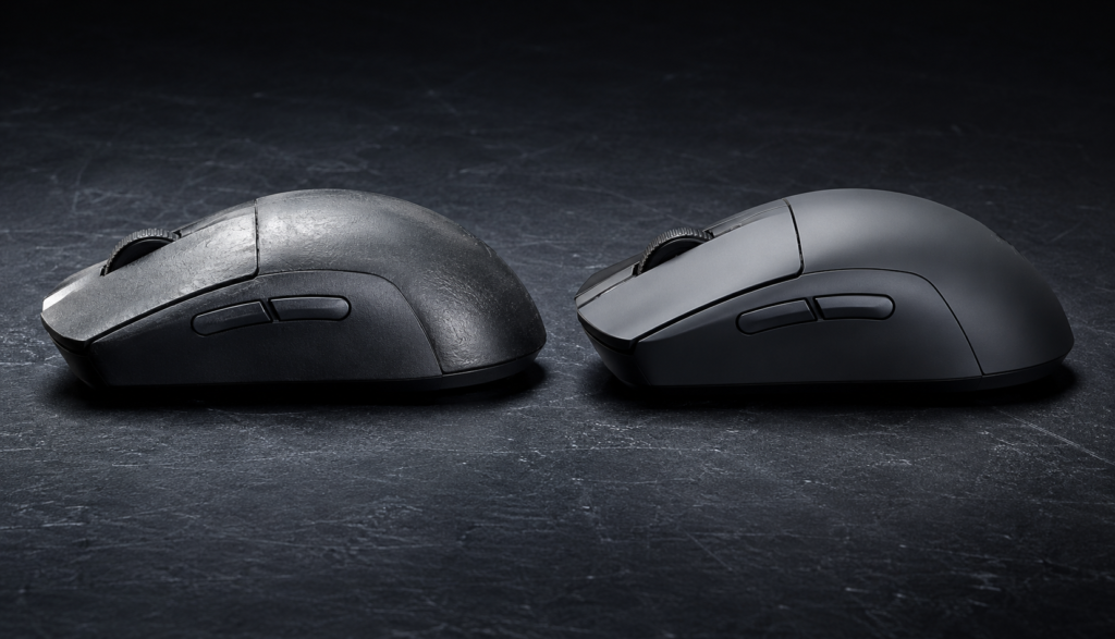 Side-by-side comparison of worn and new gaming mouse for click speed performance