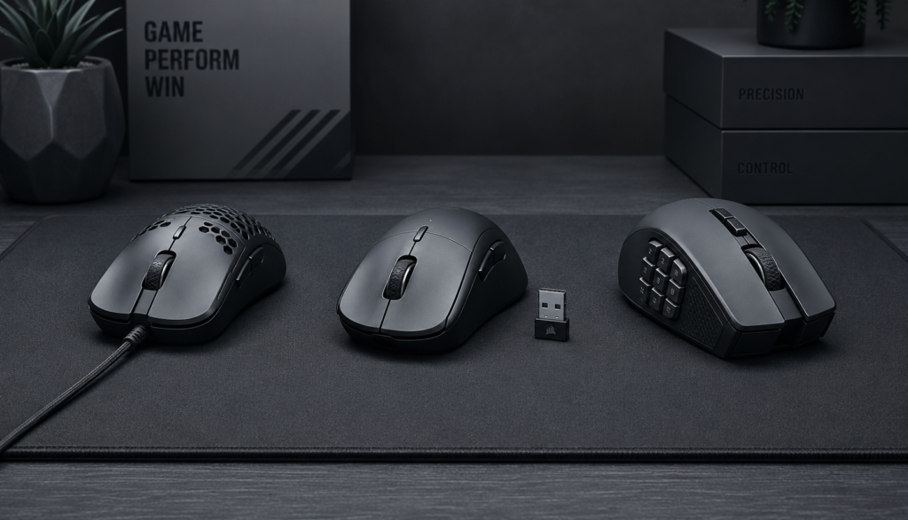 Three gaming mice side by side representing wired wireless and MMO options