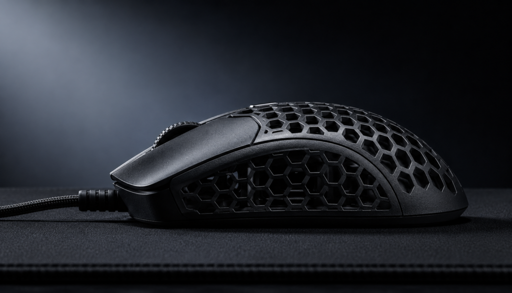 Lightweight honeycomb shell FPS gaming mouse with paracord cable on dark mousepad