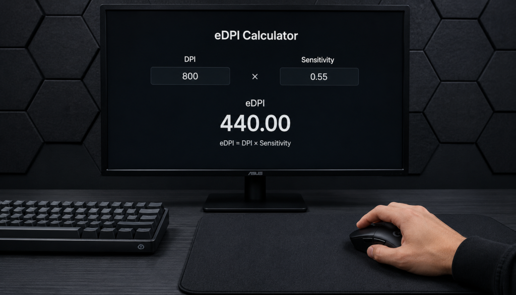 Hand on gaming mouse at desk with DPI calculator interface shown on monitor