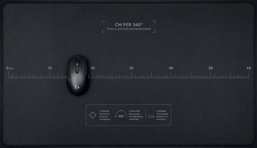 Gaming mouse on large mousepad with distance measurement scale overlay