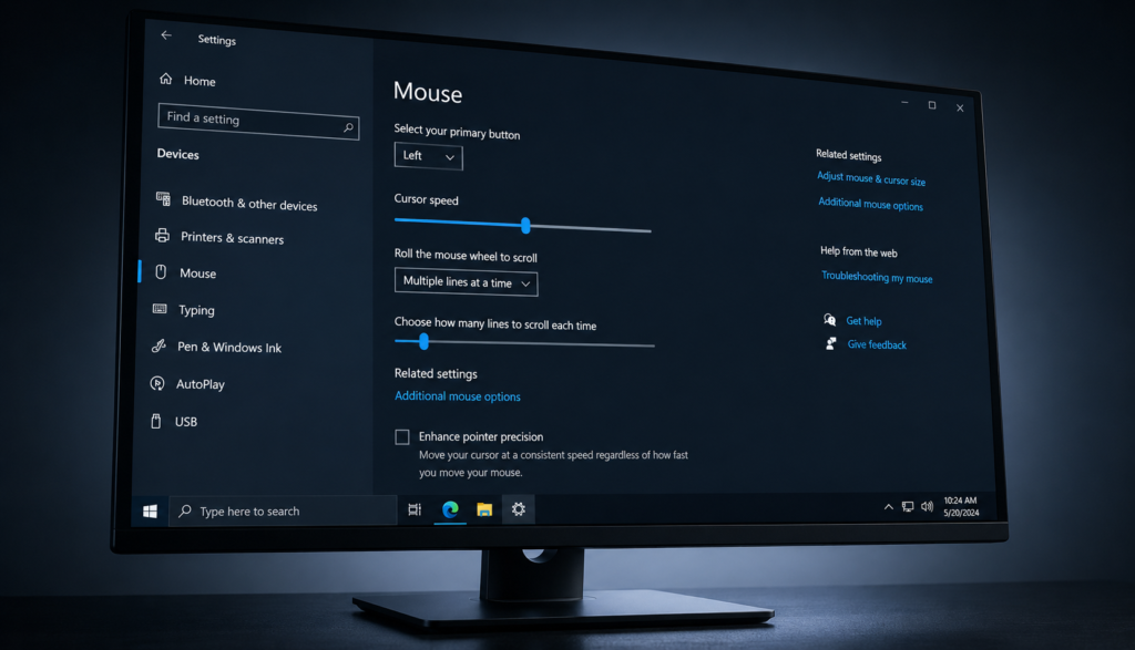 Monitor showing Windows mouse settings with pointer speed centered and precision disabled