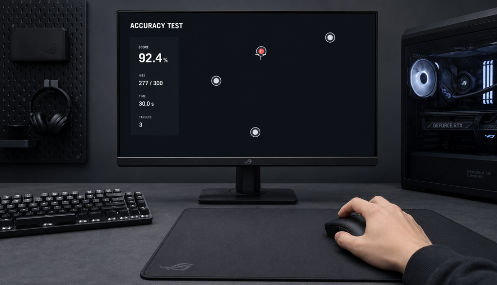 Hand aiming gaming mouse at accuracy test targets shown on monitor screen