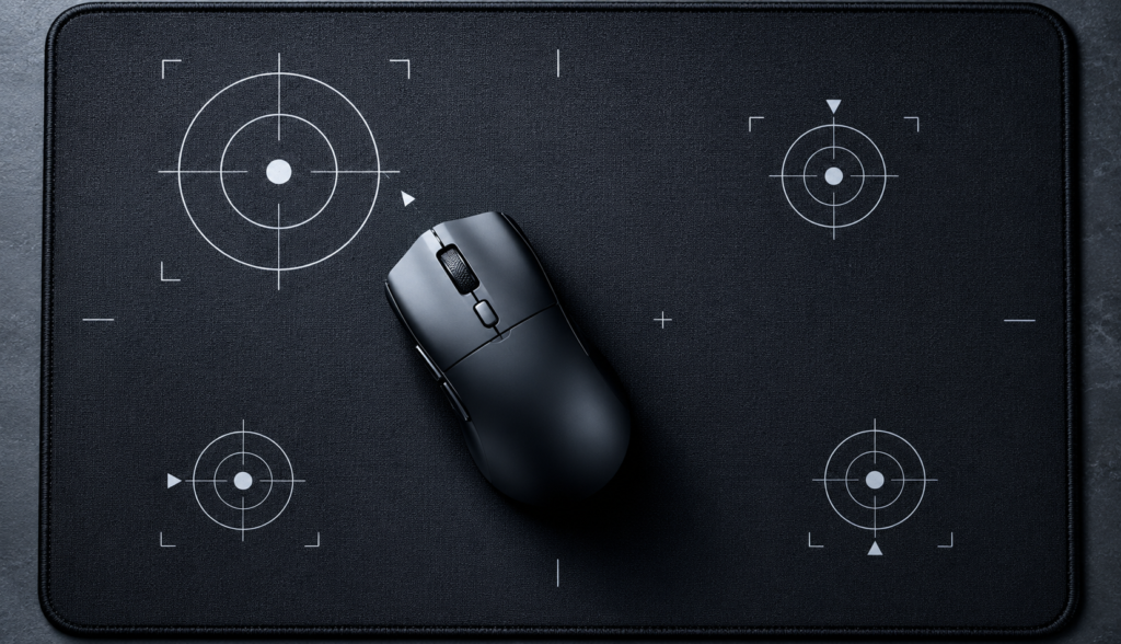 Top-down gaming mouse on mousepad with target accuracy drill markings