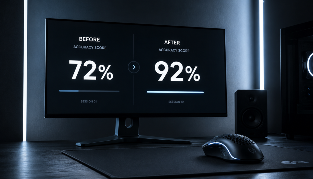 Monitor showing before and after mouse accuracy score improvement comparison