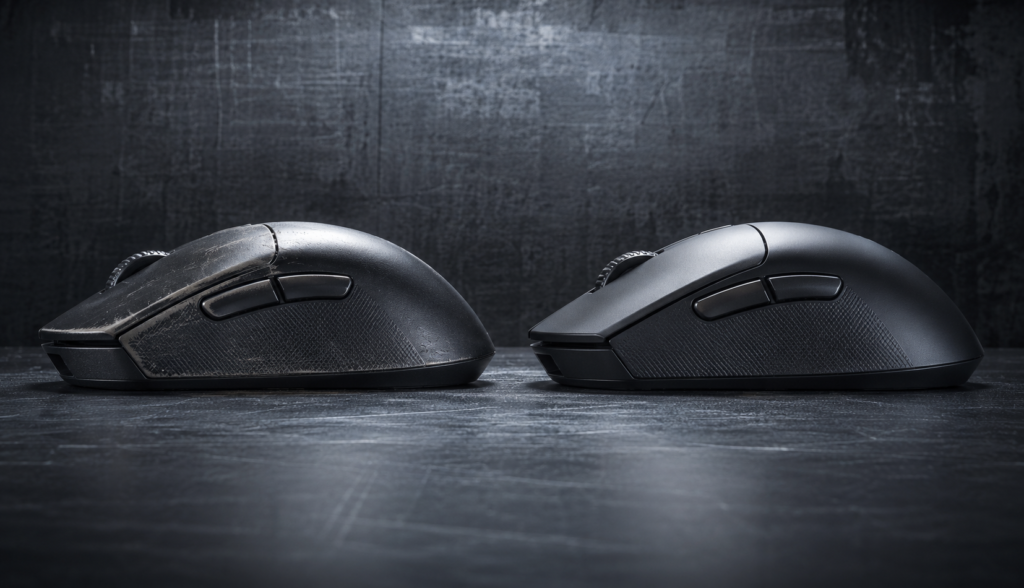 Side by side comparison of worn gaming mouse and new replacement mouse buttons