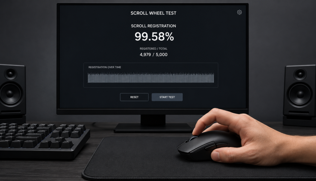 Hand touching gaming mouse scroll wheel with registration score on monitor
