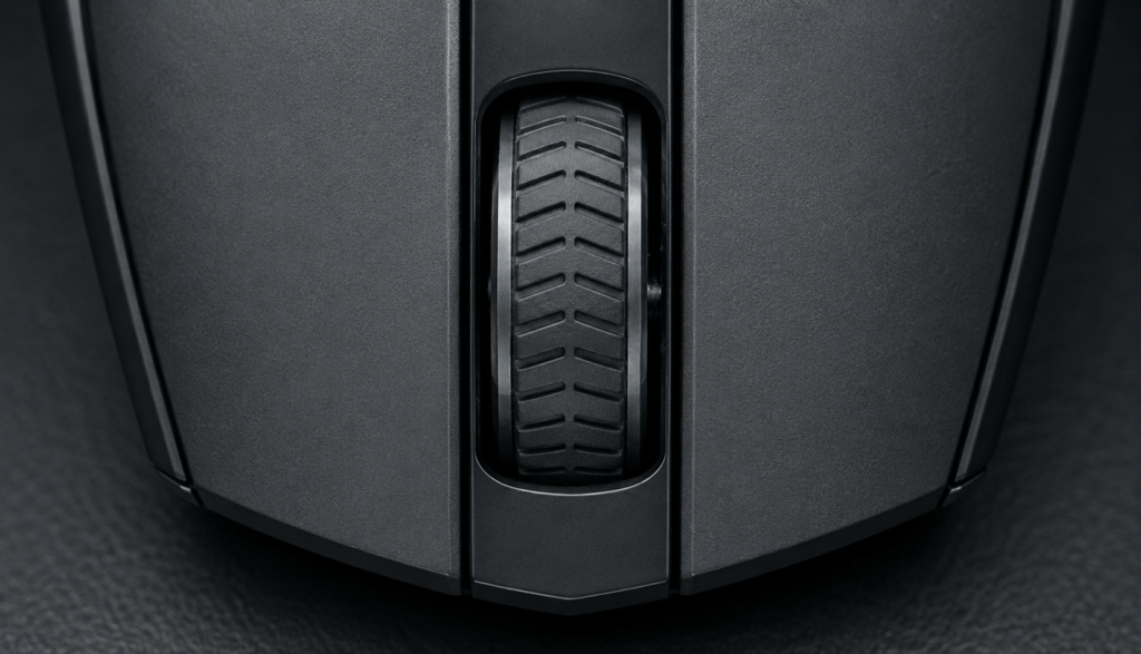 Macro top-down view of gaming mouse scroll wheel with dust in gap