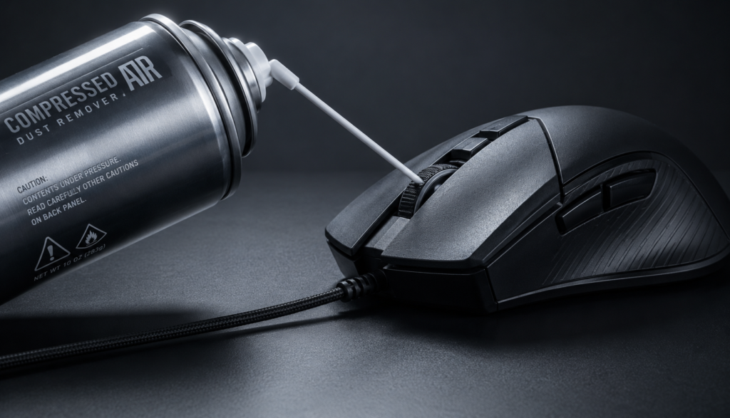 Compressed air can aimed at gaming mouse scroll wheel gap for cleaning
