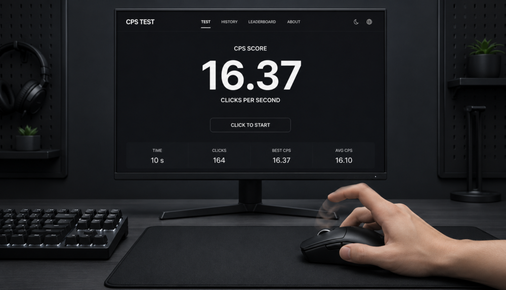 Hand rapidly clicking gaming mouse with CPS counter score shown on monitor