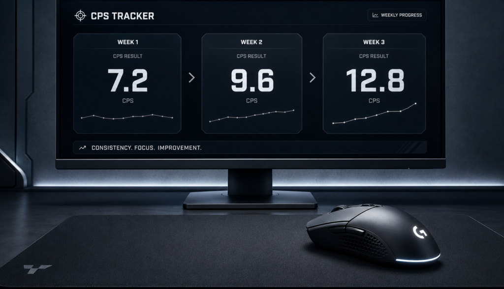 Gaming mouse beside monitor showing three CPS score progression results