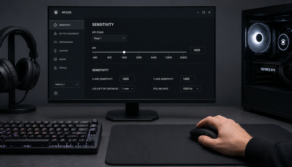 Hand on gaming mouse at desk with DPI sensitivity settings shown on monitor