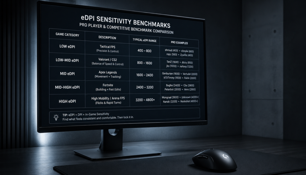 Monitor displaying eDPI sensitivity benchmark comparison table for gaming