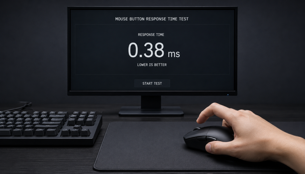 Hand pressing gaming mouse button with response time shown on monitor
