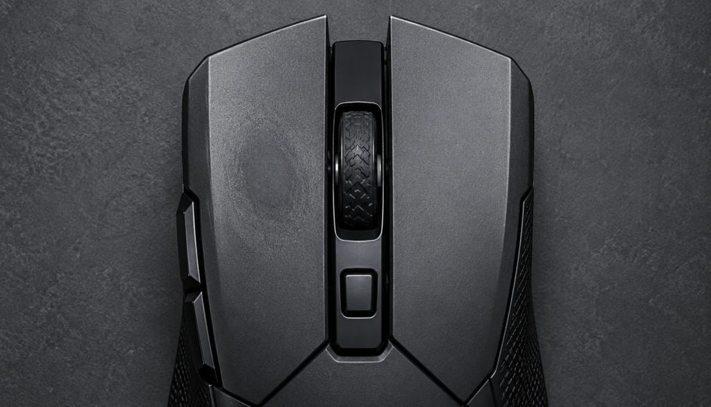 Top-down gaming mouse showing uneven wear between left and right click buttons