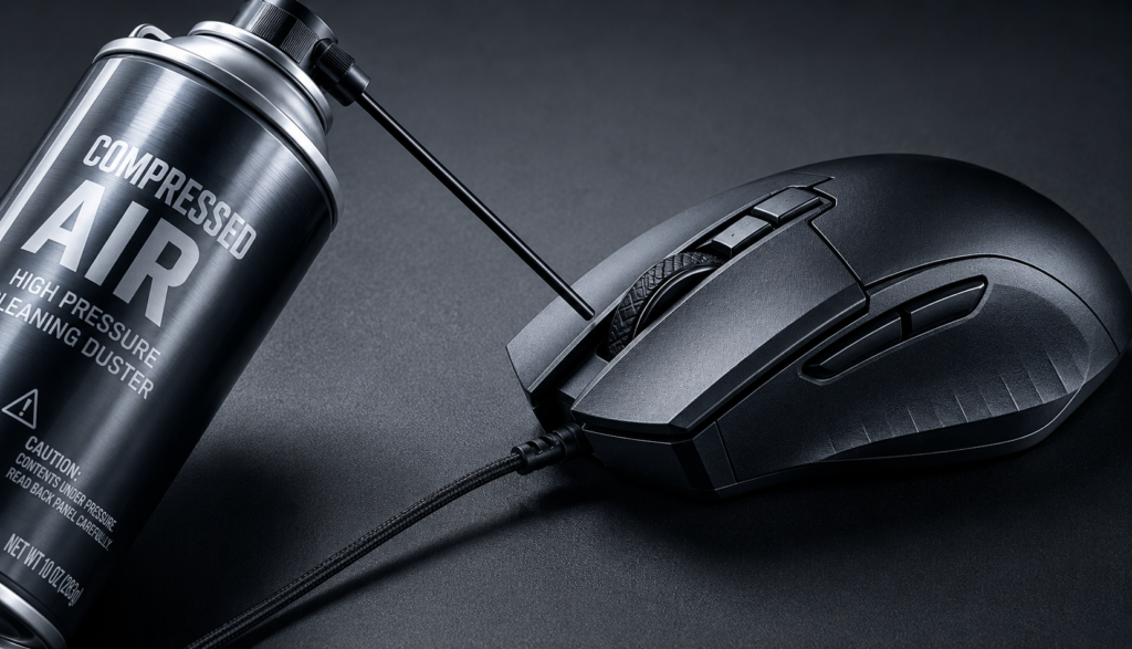 Compressed air can aimed at gaming mouse button seam for cleaning maintenance