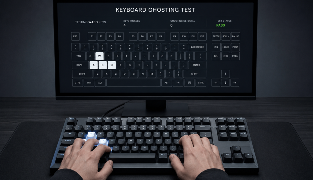 Hands pressing WASD keys on mechanical keyboard during ghosting test