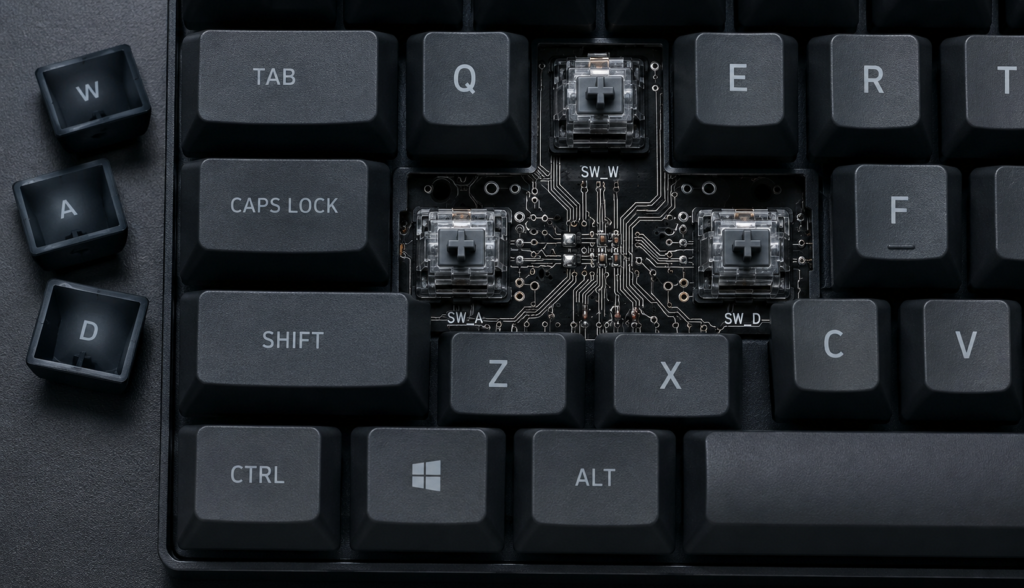 Mechanical keyboard with keycaps removed showing internal key matrix wiring
