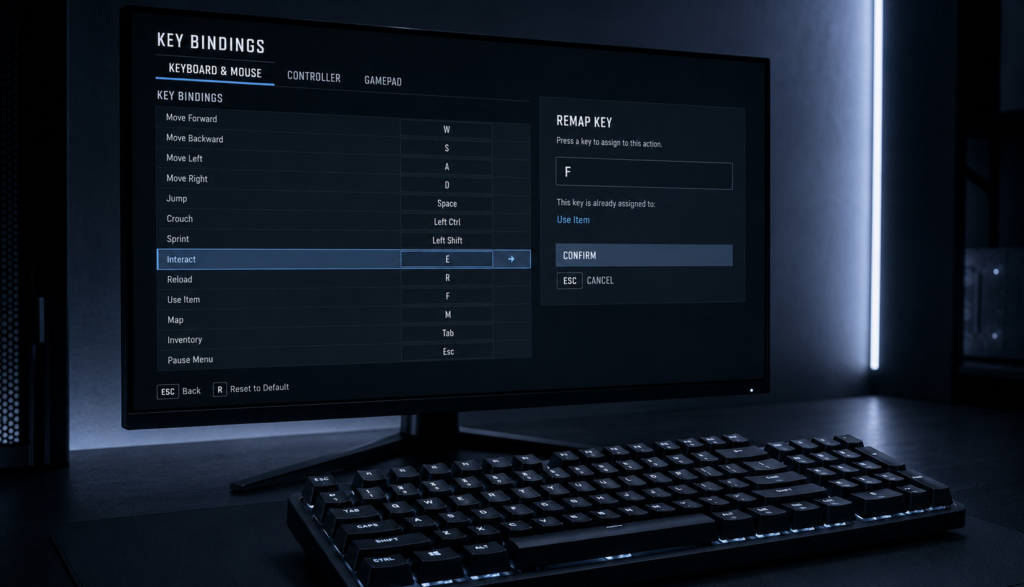 Monitor showing key remapping settings menu beside mechanical keyboard