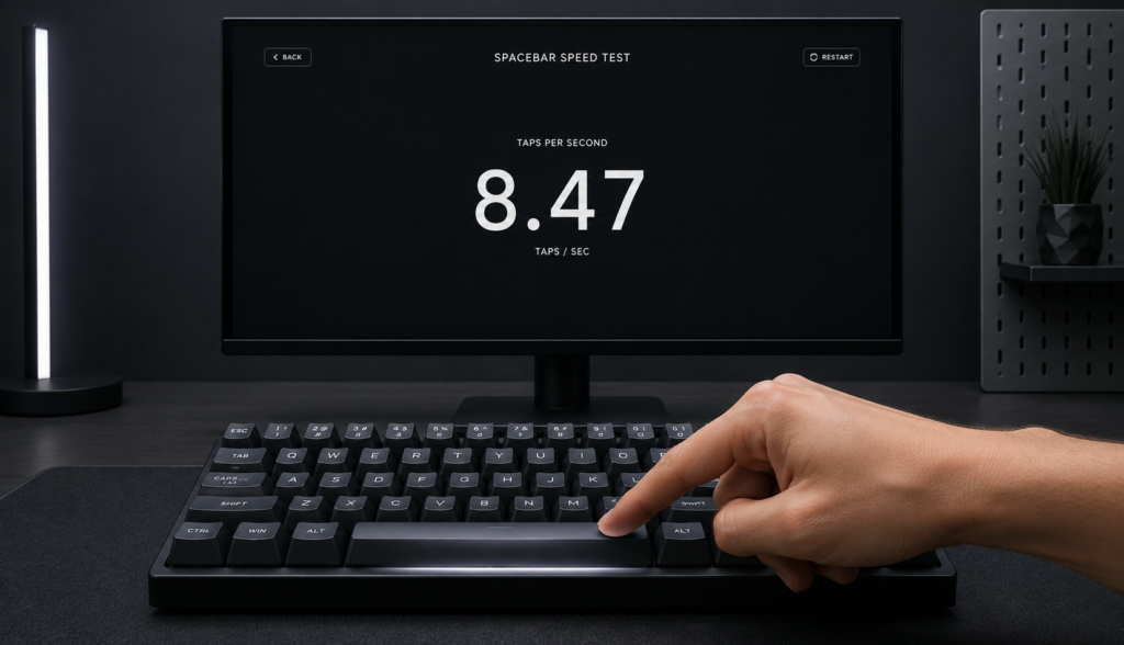 Finger tapping spacebar on mechanical keyboard with score shown on monitor